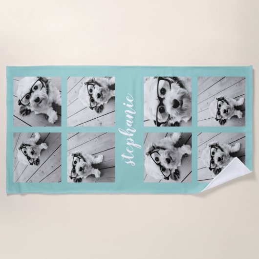 8 FotoCollage - Handgeschriebener Name Pastell bla Strandtuch (Vorderseite)