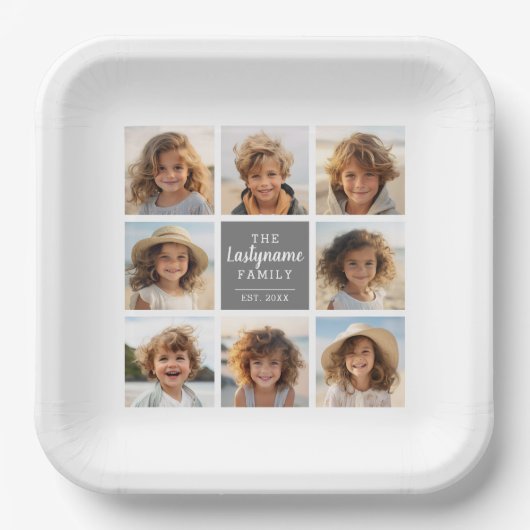 8 FotoCollage mit Grau-Mitte-Textbereich Pappteller (Vorderseite)