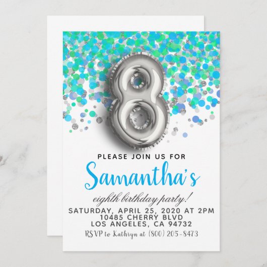 8. Geburtstag Confetti Einladung (Vorne/Hinten)