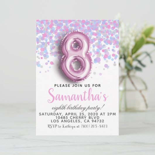 8. Geburtstag Confetti Einladung (Stehend Vorderseite)