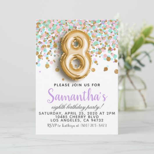 8. Geburtstag Confetti Einladung (Stehend Vorderseite)