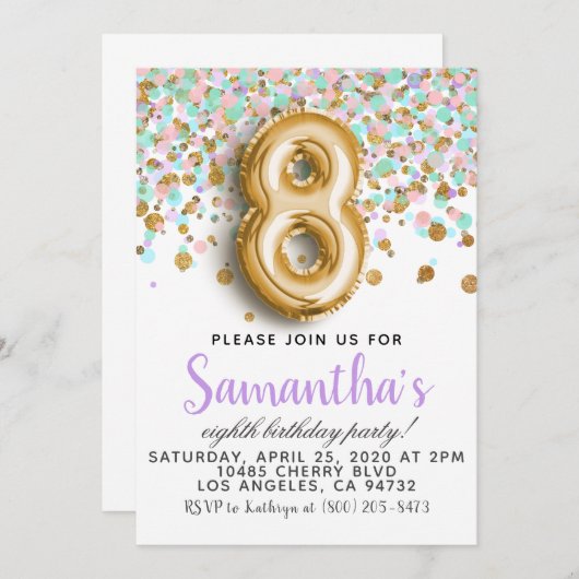 8. Geburtstag Confetti Einladung (Vorne/Hinten)