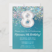 8. Geburtstag Einladung Aquamarin Silber Glitzer (Vorderseite)