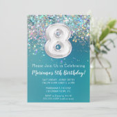 8. Geburtstag Einladung Aquamarin Silber Glitzer (Stehend Vorderseite)
