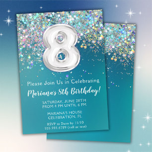 8. Geburtstag Einladung Aquamarin Silber Glitzer