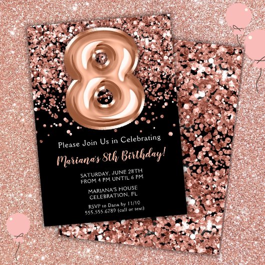 8. Geburtstag Einladung Black Rose Gold Glitzer