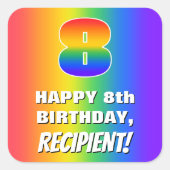 8. Geburtstag: Farbenfroh, Fun Rainbow Pattern # 8 Quadratischer Aufkleber (Vorderseite)
