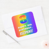 8. Geburtstag: Farbenfroh, Fun Rainbow Pattern # 8 Quadratischer Aufkleber (Umschlag)