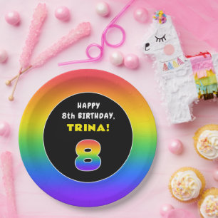 8. Geburtstag: Farbiger Regenbogen # 8, Individuel Pappteller