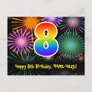8. Geburtstag - Fun Fireworks Pattern + Regenbogen Postkarte