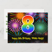 8. Geburtstag - Fun Fireworks Pattern + Regenbogen Postkarte (Vorne/Hinten)