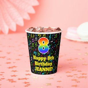 8. Geburtstag: Fun Musiknotens Pattern, Regenbogen Pappbecher