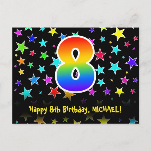 8. Geburtstag: Fun Stars Pattern, Regenbogen 8, Na Postkarte (Vorderseite)