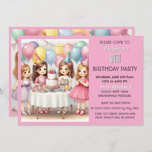 8. Geburtstag Girls Pink Balloons Einladung (Vorne/Hinten)