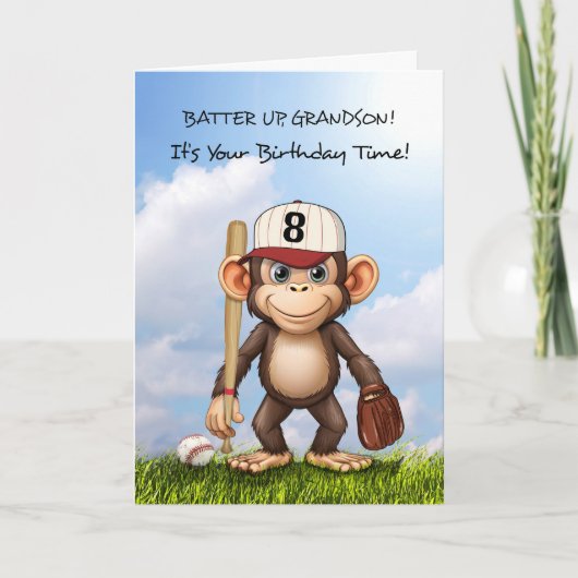 8. Geburtstag Grandson Baseball Monkey Bat Ball Karte (Vorderseite)