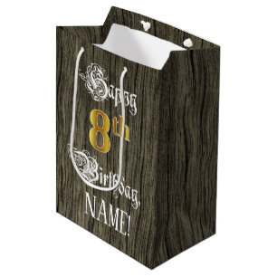 8. Geburtstag: Imitate Gold Look & Imitate Holzmus Mittlere Geschenktüte
