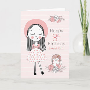 8. Geburtstag kleines Mädchen und Katze in Rosa We Karte
