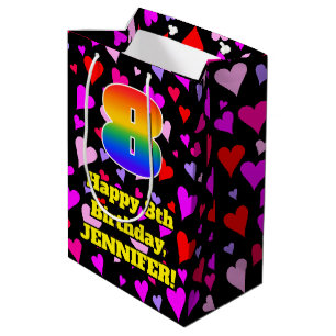 8. Geburtstag: Love Hearts Pattern, Regenbogen # 8 Mittlere Geschenktüte