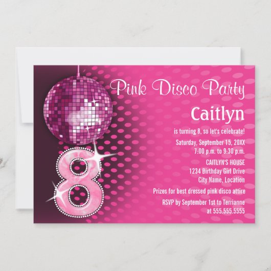 8 Geburtstag Pink Disco Party Einladung (Vorderseite)