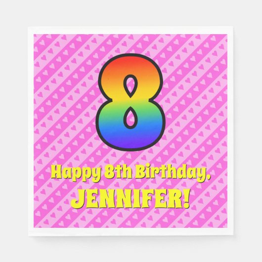 8. Geburtstag: Rosa Streifen & Herz, Regenbogen #  Serviette (Vorderseite)