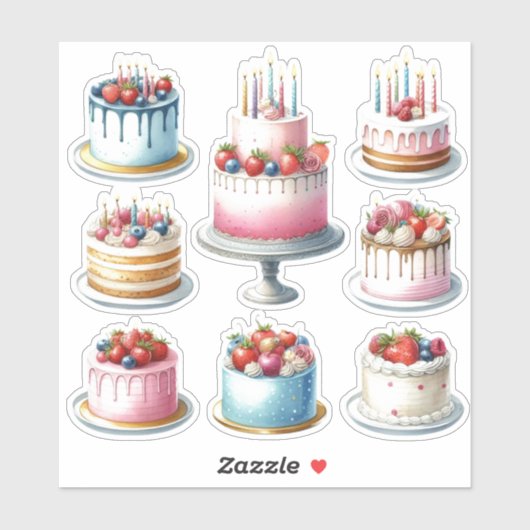 8 Geburtstagskuchen Aufkleber (Blatt)