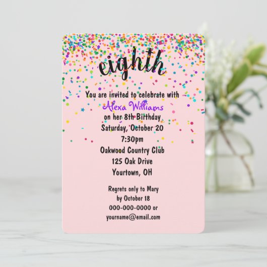 8. Geburtstagsparty Confetti Einladung (Stehend Vorderseite)