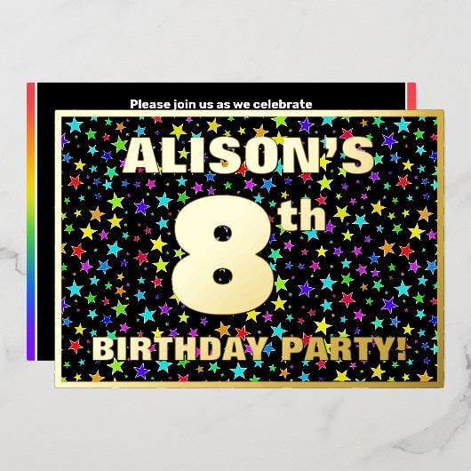 8. Geburtstagsparty — Spaß, buntes Sternenmuster Folieneinladung (Vorderseite/Rückseite)
