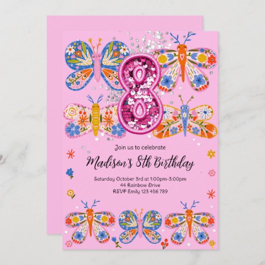 8. Geburtstagsschmetterling Einladung (Vorne/Hinten)