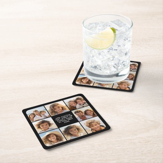 8 Photo Collage - Custom Text - Black Background Rechteckiger Pappuntersetzer (Vor Ort)