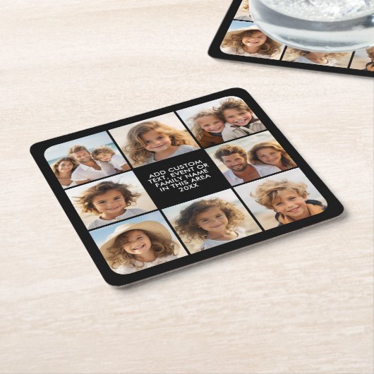 8 Photo Collage - Custom Text - Black Background Rechteckiger Pappuntersetzer (angewinkelt)