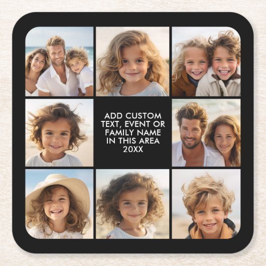 8 Photo Collage - Custom Text - Black Background Rechteckiger Pappuntersetzer (Vorderseite)