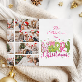 8 Photo Pink Green Bow Tree Merry Christmas Feiertagskarte