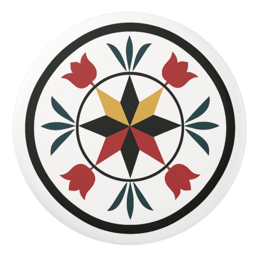 8 Pt Star Tulips Pennsylvania Dutch Hex Sign Knob Keramikknauf (Vorderseite)