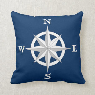 8-Punkte-Compass-Rose, Weiß- und Navy-Blau Kissen