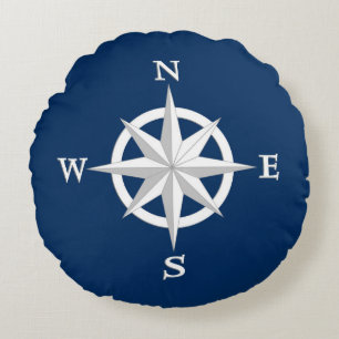 8-Punkte-Compass-Rose, Weiß- und Navy-Blau Rundes Kissen
