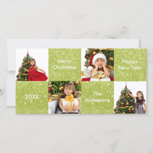 8 Quadrate grüner Glitter - Weihnachts-Fotokarte Feiertagskarte
