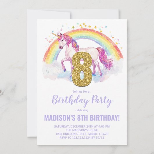8. Rainbow Unicorn Geburtstag Einladungen (Vorderseite)