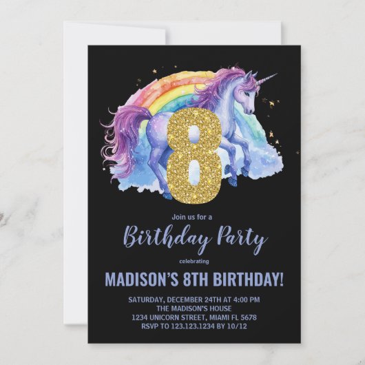 8. Rainbow Unicorn Geburtstag Einladungen (Vorderseite)