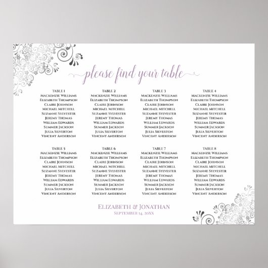 8 Tabelle Lacy Lavender Wedding Seating Chart Whit Poster (Vorne)