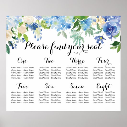 8 Tabelle Seekarte - Blue Florals und Hydrangea Poster (Vorne)