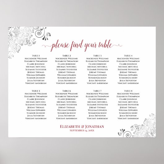 8 Tabelle Weiß & Rot Frilly Wedding Seating Chart Poster (Vorne)