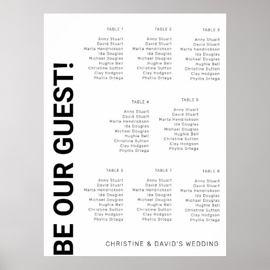 8 Tabellen Einfache White Wedding Chart Poster (Vorne)