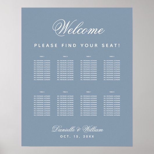 8 Table Dusty Blue Wedding Simple Seating Chart Poster (Vorne)
