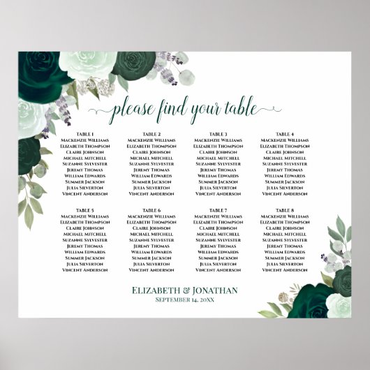 8 Table Emerald Green Floral Wedding Chart Poster (Vorne)