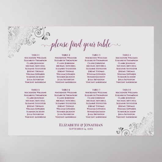 8 Table Wedding Seating Chart Cassis Purple & Gray Poster (Vorne)