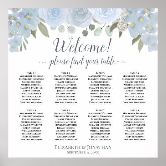 8 Table Wedding Seating Chart Dusty Blue Boho Rose Poster (Vorne)