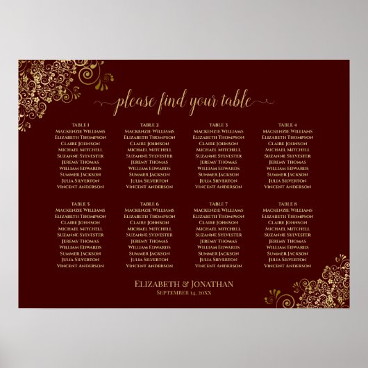 8 Table Wedding Seating Chart Gold Frills Auburn Poster (Vorne)