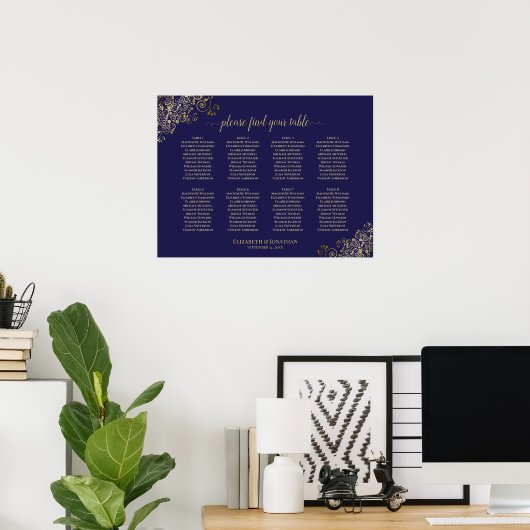 8 Table Wedding Seating Chart Lacy Gold Navy Blue Poster (Heimbüro)