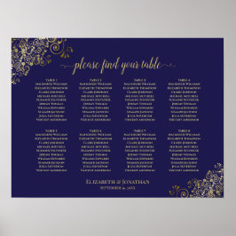 8 Table Wedding Seating Chart Lacy Gold Navy Blue Poster
