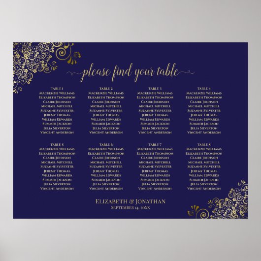 8 Table Wedding Seating Chart Lacy Gold Navy Blue Poster (Vorne)